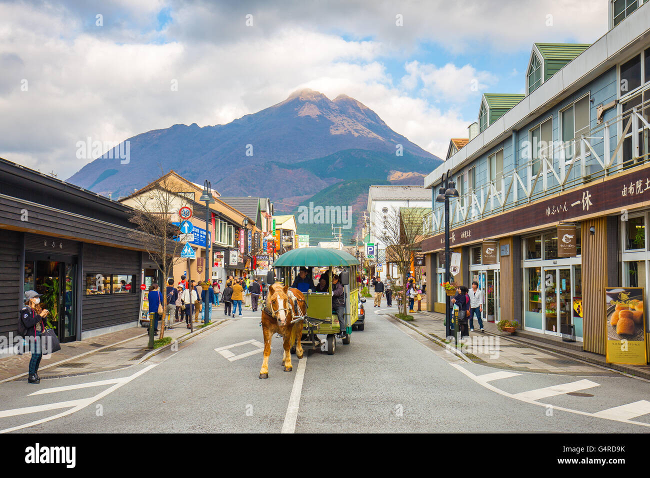 Oita, Japan - November 29, 2014: The main shopping street of Yufuin in Oita, Japan. Stock Photo