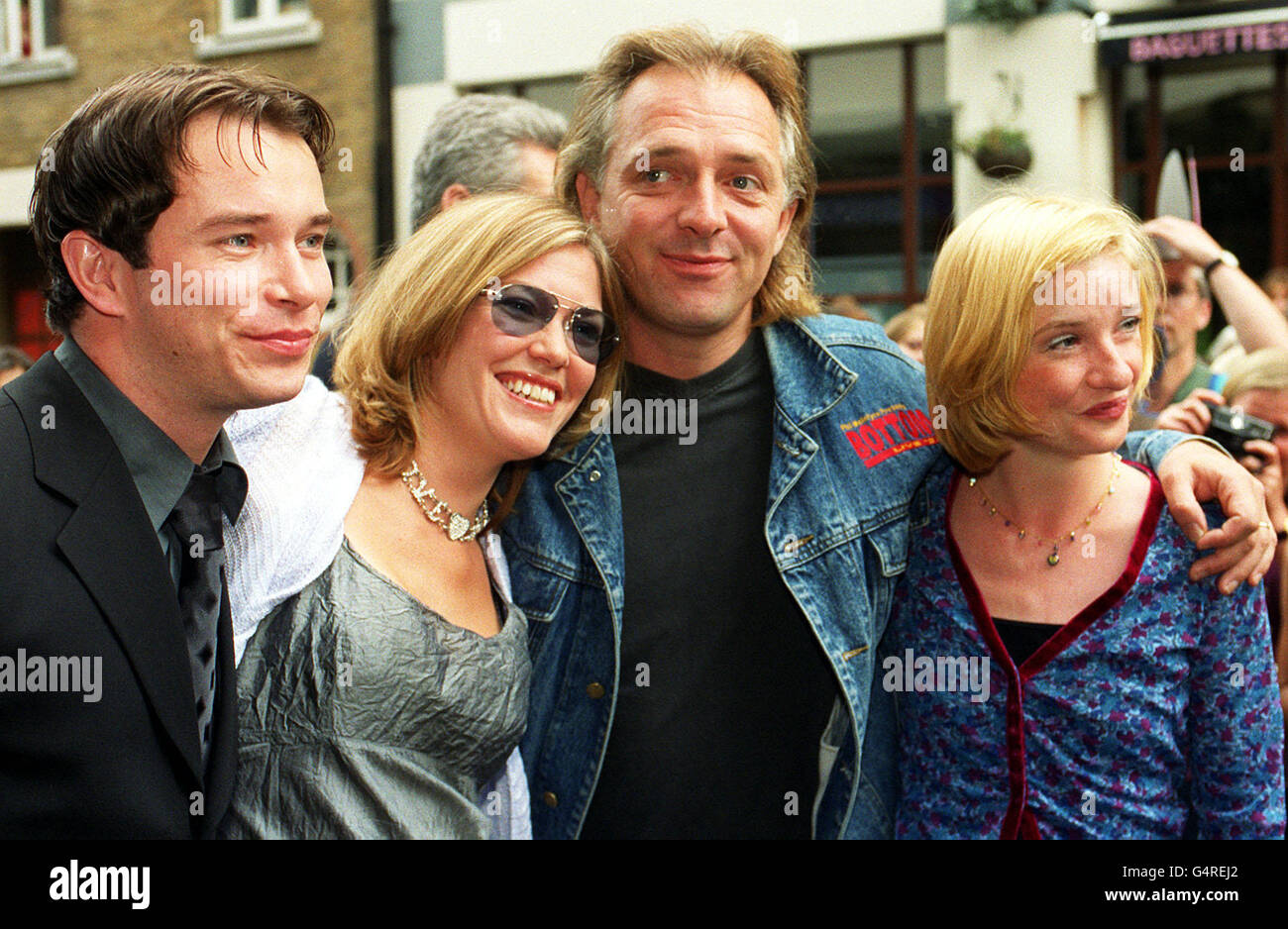 L-R: Boyzone's Stephen Gately, Catatonia's Cerys Matthews, actor Rik Mayall and actress Jane Horrocks at the New London Theatre, Dury Lane, London, for the launch of ITV television's new animated adventure series of Watership Down. * Cerys Matthews is to sing a song on the album accompanying the series, and Stephen Gately voices the character of Blackavar and has re-recorded 'Bright Eyes'. The programme will be broadcast on the Children's ITV Network in September 1999, bringing the classic tale to a new generation. Stock Photo