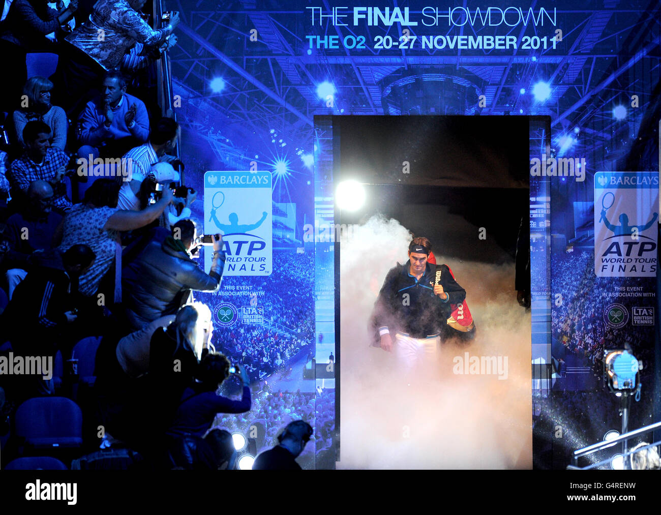 Switzerland's Roger Federer during the fifth day of the ATP World Tour Finals at the O2 Arena, London Stock Photo