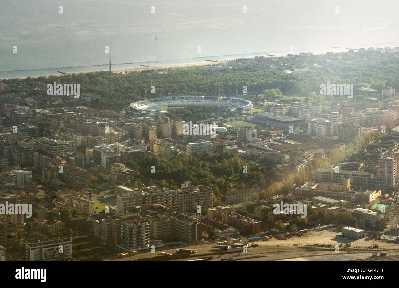 Ariel view of the football stadium in Pescara, Italy, as seen from a commercial flight Stock Photo