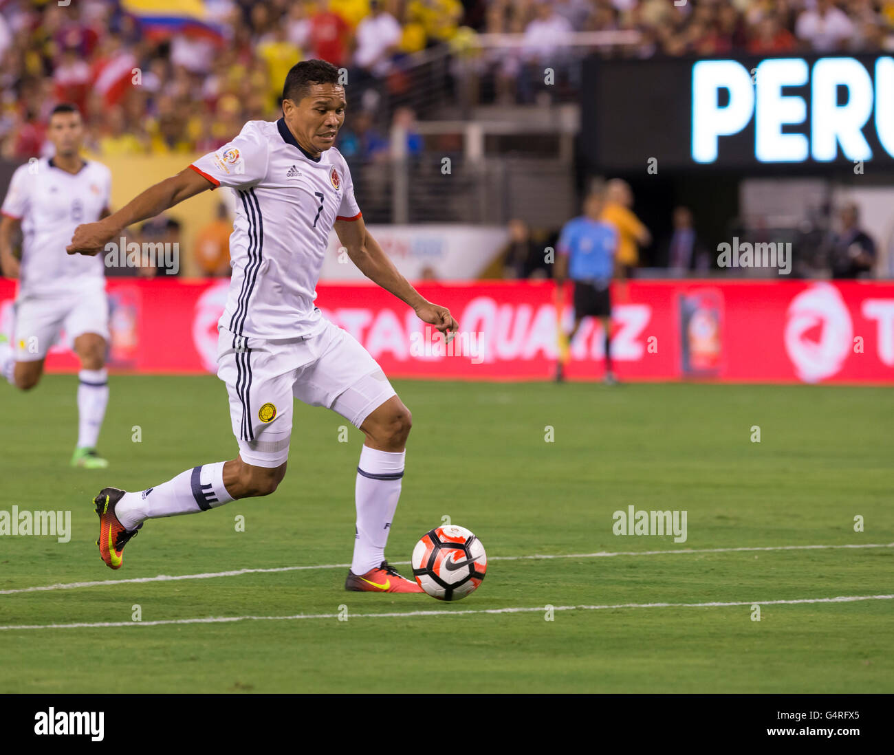 East Rutherford, NJ USA - June 17, 2016: Carlos Bacca (7) of Columbia controls ball during quaterfinal game between Columbia & Peru. Columbia won 0 (4) - 0 (2) by penalty kicks Stock Photo