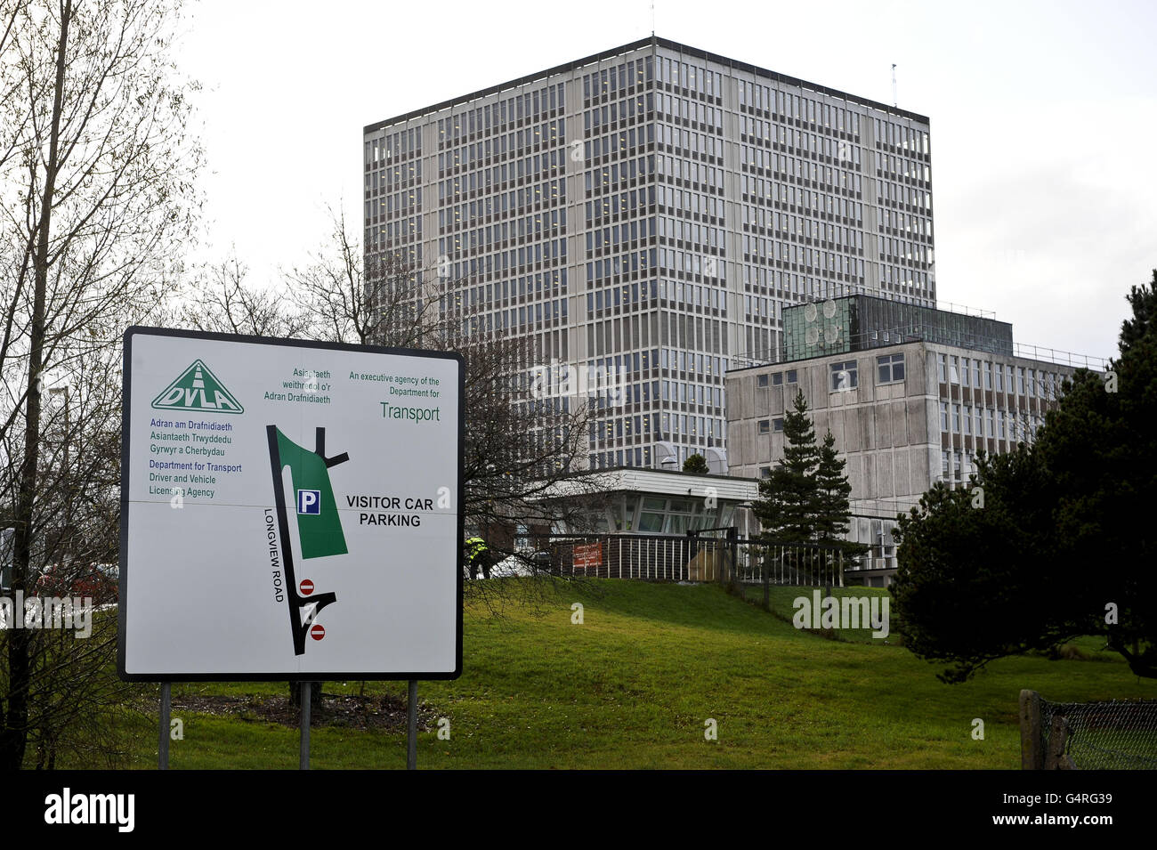 A general view of the main DVLA building in Swansea, Wales, after it was announced that more than 1,200 jobs are at risk under Government proposals to close 39 regional offices of the Driver and Vehicle Licensing Agency (DVLA). Stock Photo