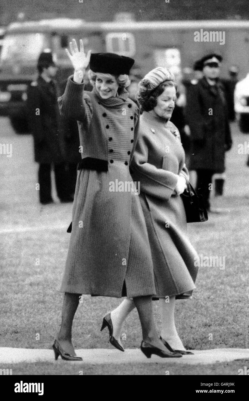 The Princess of Wales waving to the crowds as she is escorted by Lavinia, the Duchess of Norfolk, on her arrival for a visit to the county of West Sussex. Stock Photo