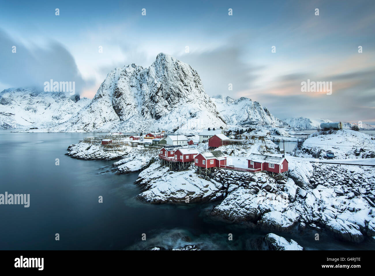 Town And Fisherman S Cabins Or Rorbus In Front Of Snowy Mountains