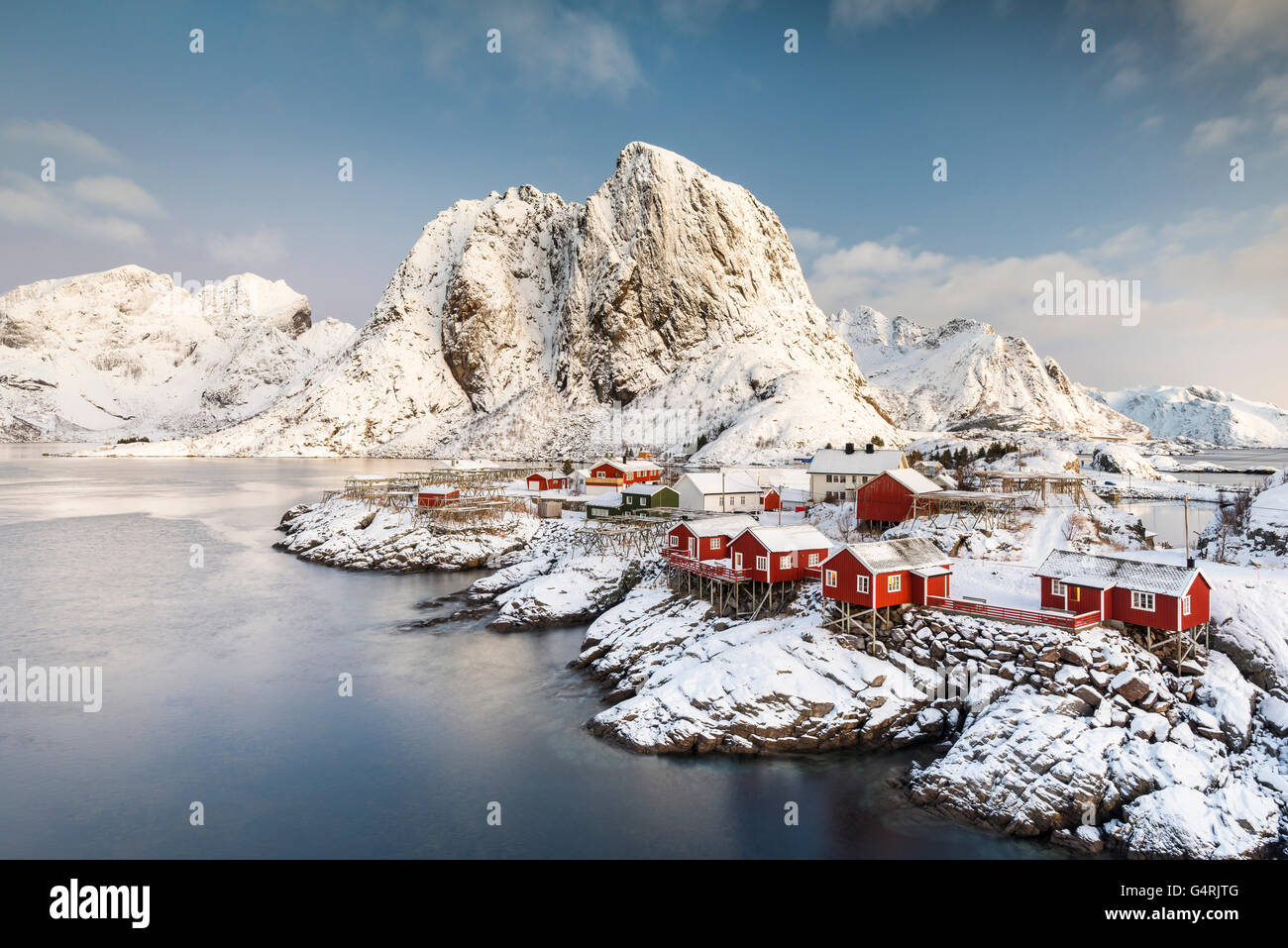 Town And Fisherman S Cabins Or Rorbus In Front Of Snowy Mountains