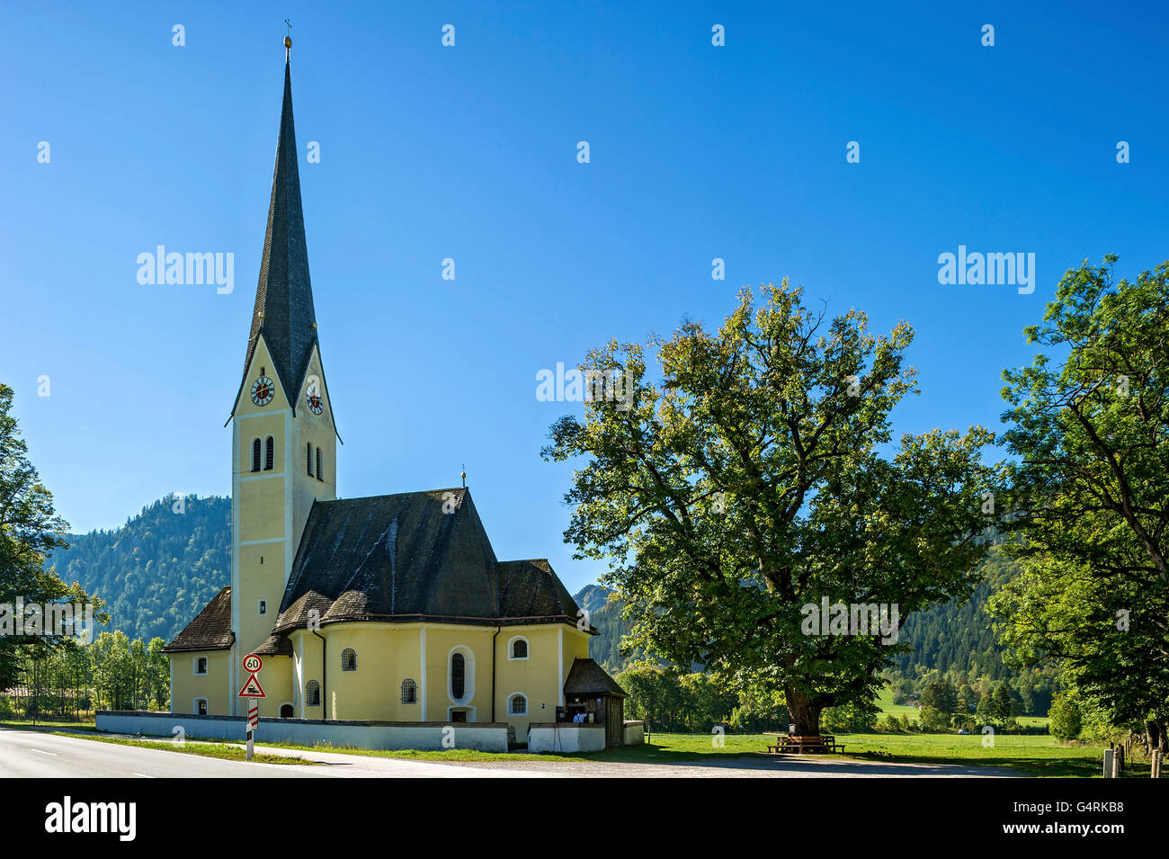 St. Leonhard pilgrimage church, old lime tree, Fischhausen, Schliersee, Upper Bavaria, Bavaria, Germany Stock Photo