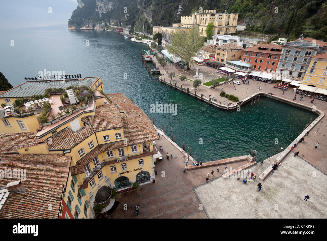 View from the Torre Apponale, clock tower, to the Piazza 3 Novembre and the harbour, Riva del Garda, Trentino-Alto Adige, Italy Stock Photo