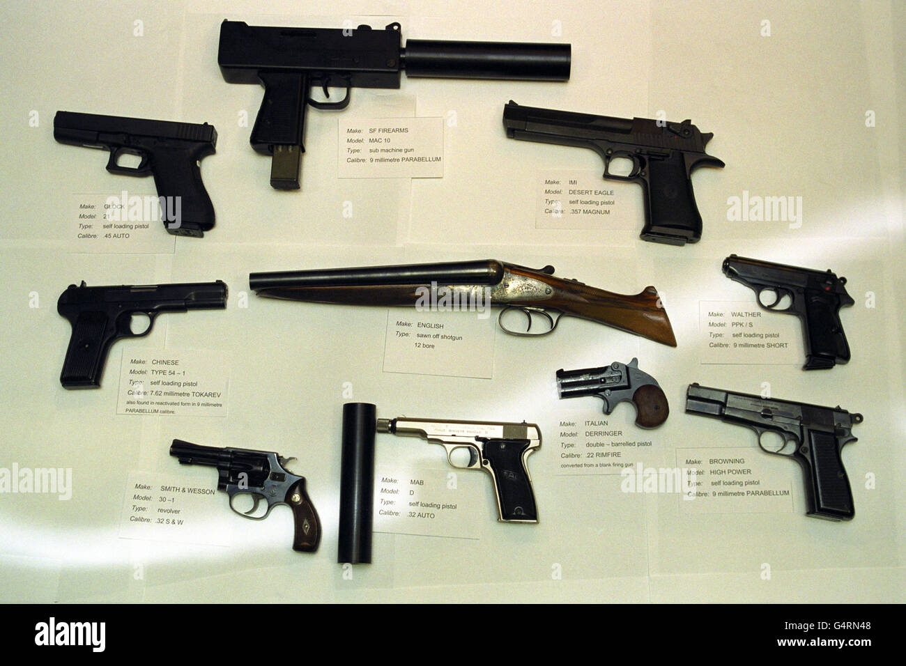 This is the terrifying haul of guns used by gangsters in some of the 21 Yardie-style murders, on display at New Scotland Yard. The cache includes a MAC-10 machine pistol, known as Big Macs in the underworld and capable of firing 10 rounds a sec. Also on display were sawn-off shotguns and pistols . Stock Photo