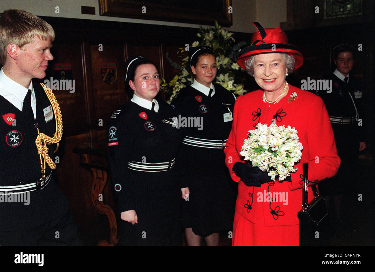 Her Majesty the Queen pays tribute to St Johns Ambulance volunteers, as she marked the 900th anniversary of the Order of St John at their headquarters in Clerkenwell, central London. Stock Photo