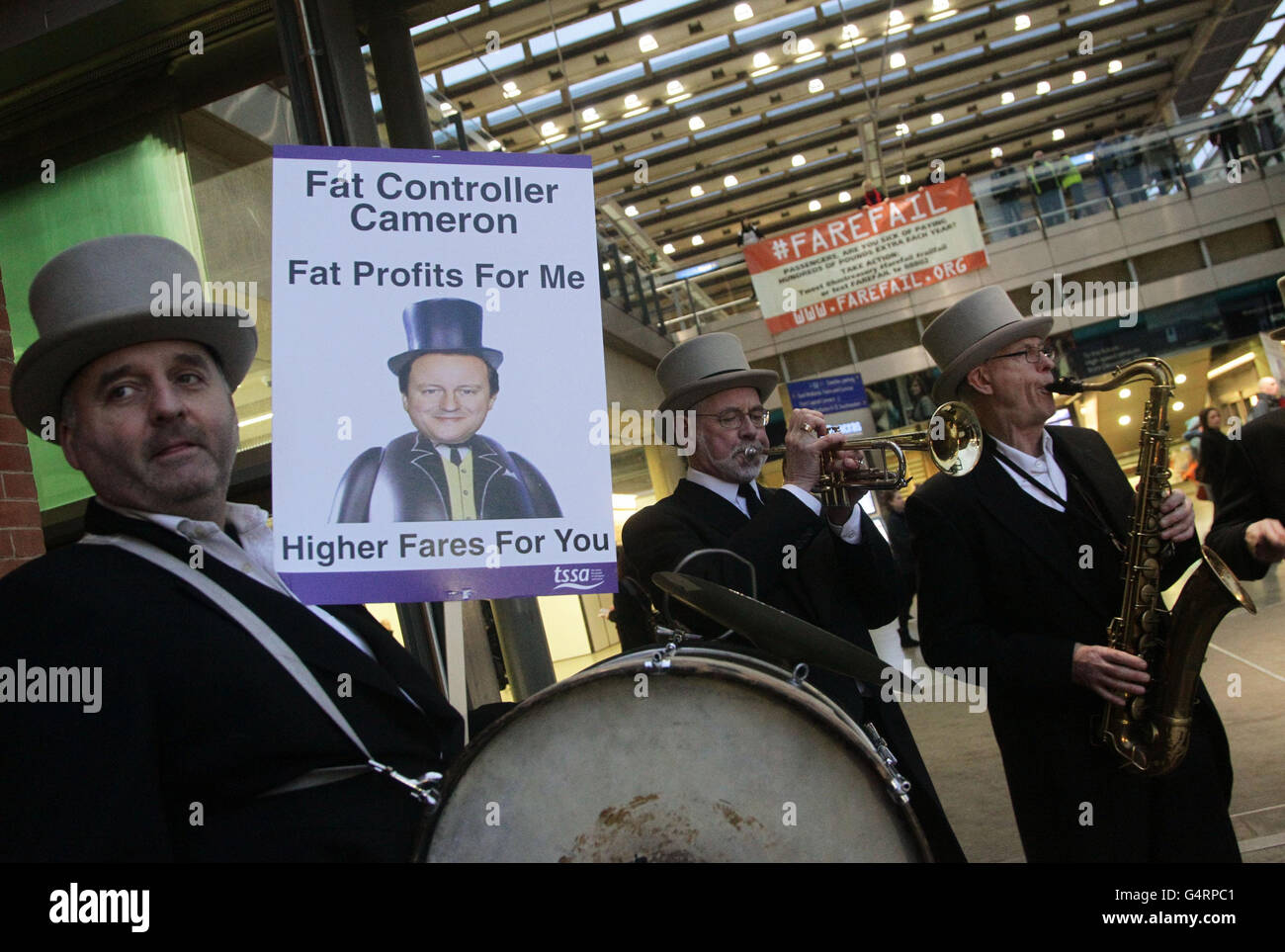 A protest led by transport union TSSA outside St Pancras Station in London, as commuters face new rail fare rises on first working day of the year. Stock Photo
