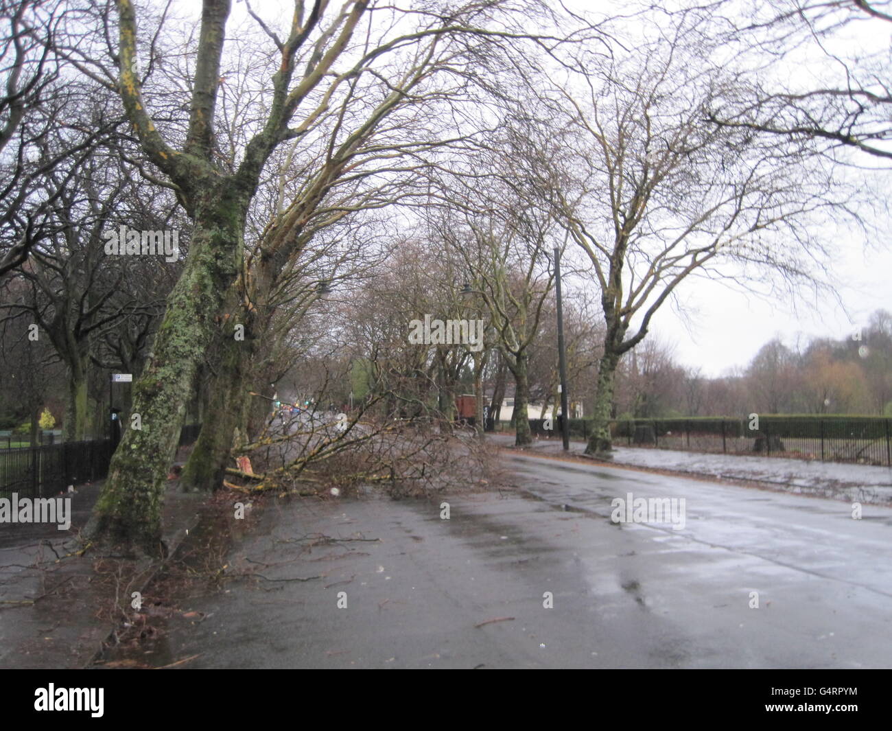Storm damage on Kelvin Way in Glasgow, as parts of Scotland were placed on red alert today as 100mph winds and heavy rain lashed the country, damaging buildings and bringing severe disruption to the transport network. Stock Photo