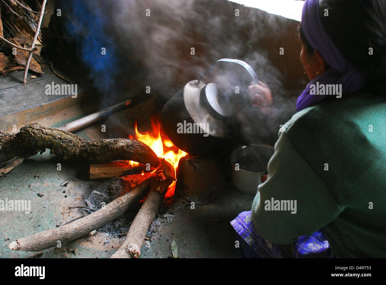 Woman preparing masala chai the traditional way, on a farm in Daramshala, India Stock Photo