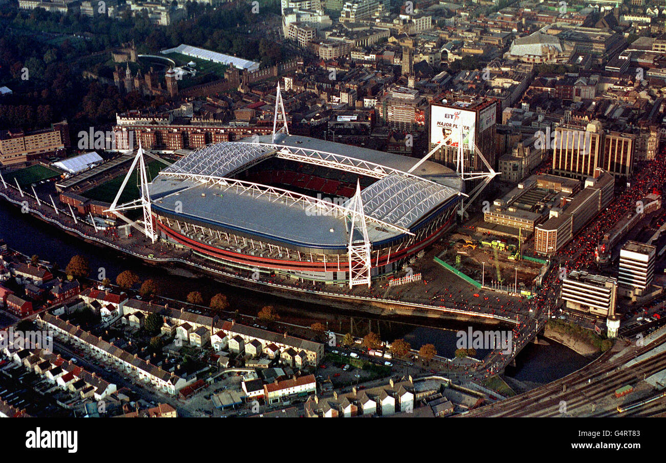 An aerial picture of the Millennium Stadium in Cardiff. The Stadium will  host the Rugby World Cup final between Australia and France. * 4/1/2001 Millennium  Stadium in Cardiff which is being unveiled