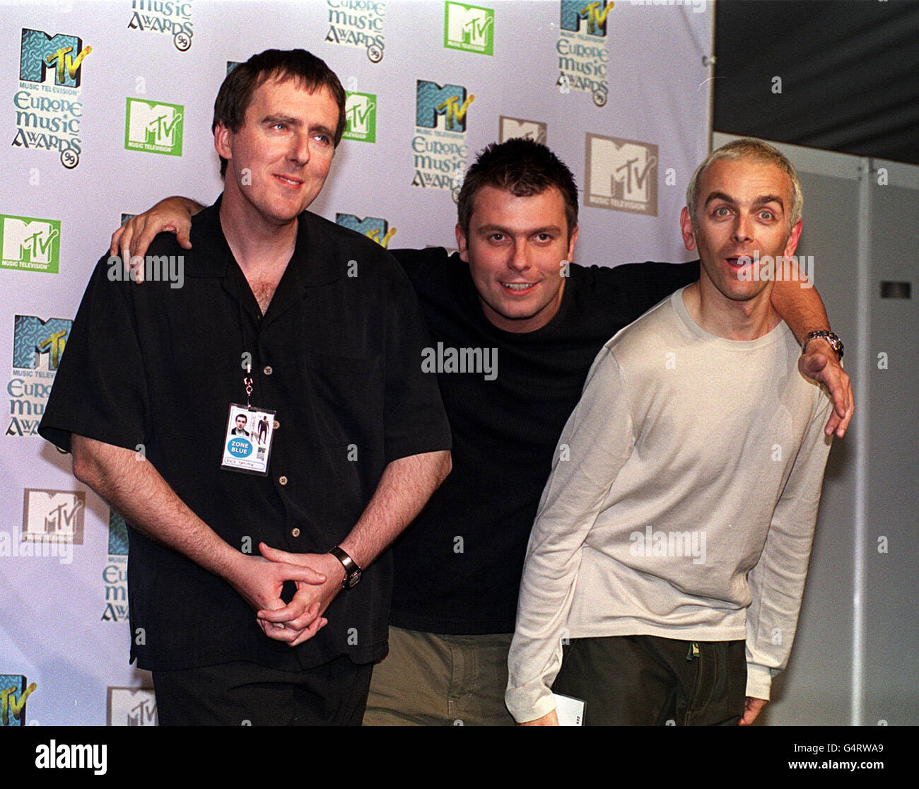 Dance band Underworld [L-R] Rick Smith, Darren Emerson and Karl Hyde arrive at The Point, Dublin for the 1999 MTV Europe Music Awards. Stock Photo