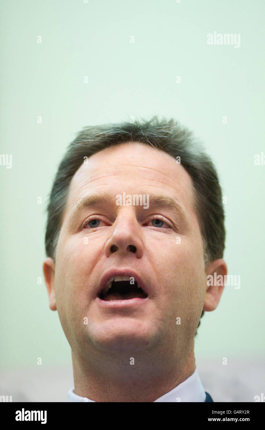 Deputy Prime Minister Nick Clegg delivers the annual Demos Lecture at Westminster Central Hall in London, where he reaffirmed his determination to press ahead with reform of the House of Lords over the coming year. Stock Photo