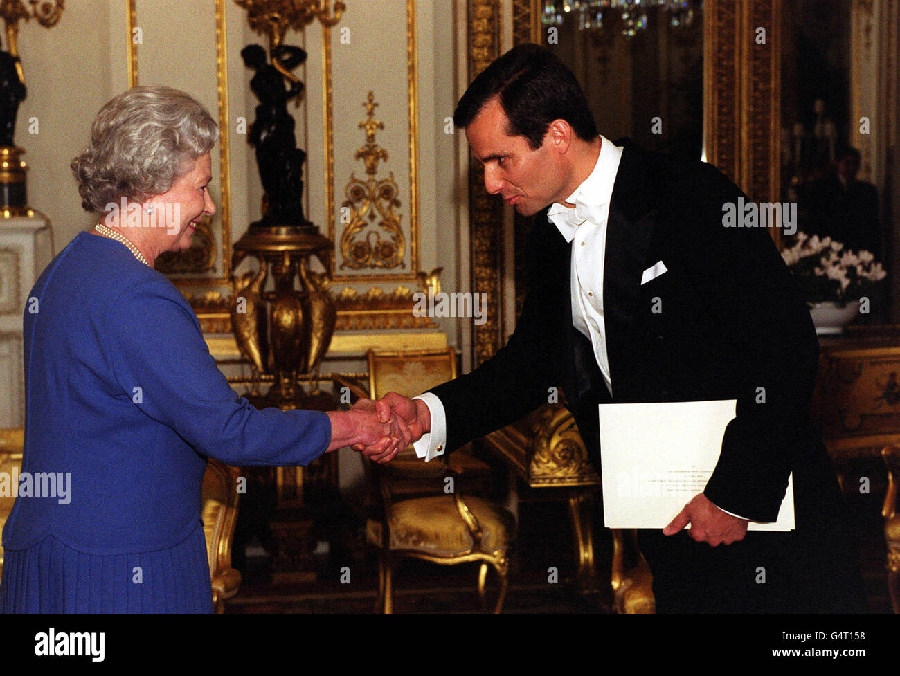 Queen Elizabeth II receiving His Excellency the Ambassador of Poland , Dr Stanislaw Komorowski, who presented his letter of Credence at Buckingham Palace, London. Stock Photo