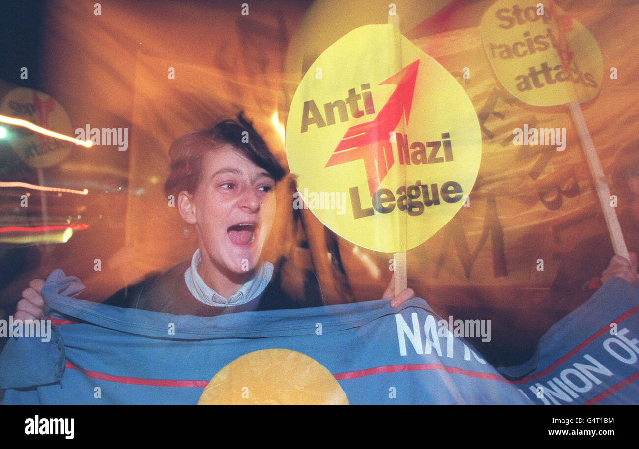 An Anti Nazi League demonstrator protests outside the Hilton Hotel in London, where Austria's controversial far-right political leader Joerg Haider was holding a news conference. Stock Photo