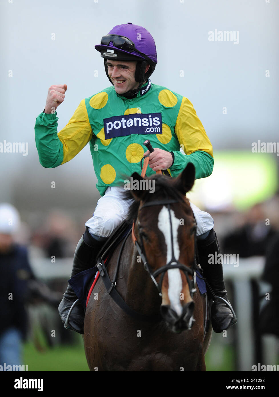 Horse Racing - The William Hill Winter Festival 2011 - King George VI Steeple Chase - Kempton Park. Kauto Star, with jockey Ruby Walsh celebrate after winning The William Hill King George VI Steeple Chase at Kempton Park. Stock Photo
