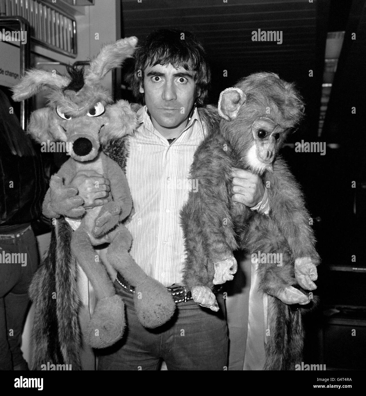 Keith Moon, the eccentric drummer of pop group The Who, at Heathrow Airport, on return from the United States. Stock Photo