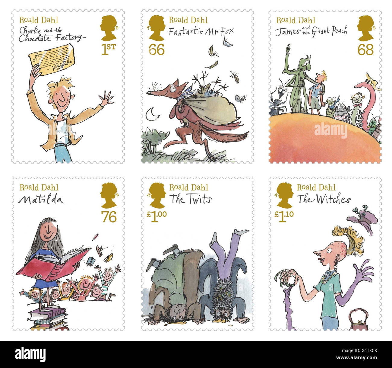 Royal Mail's new set of stamps celebrating the work of the iconic children's author, Roald Dahl, which are available from Post Offices from Tuesday 10th January. Stock Photo