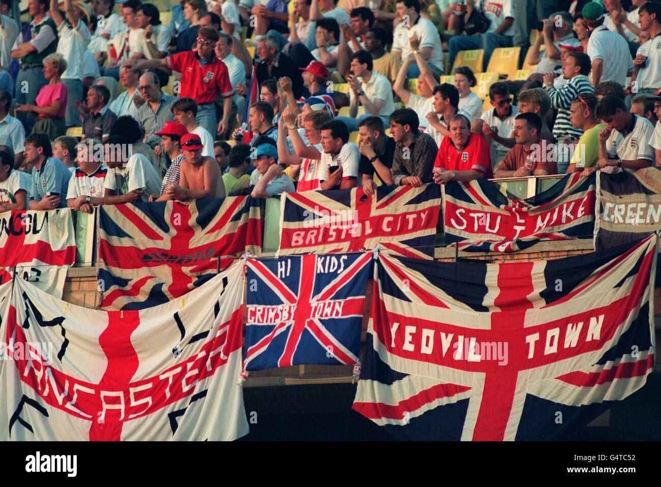 England fans display their club allegiances on their flags Stock Photo