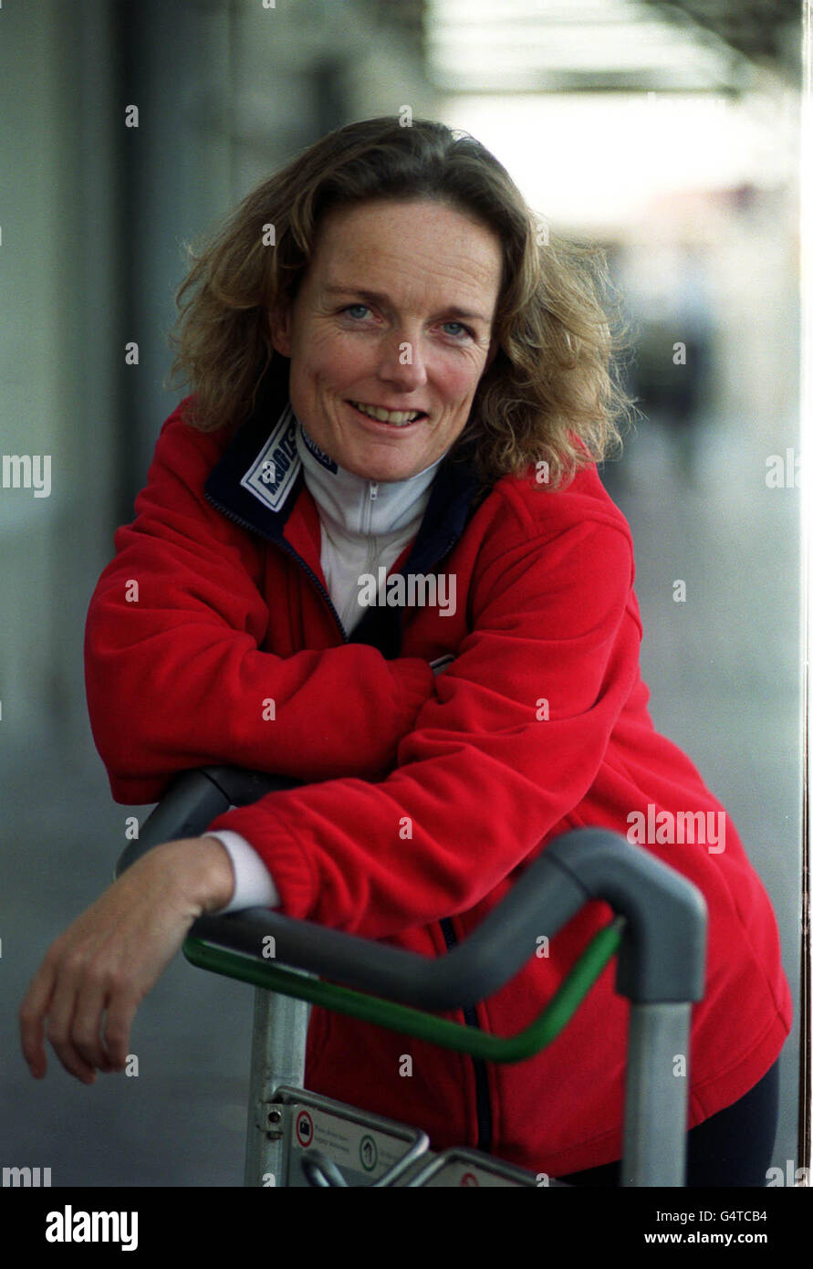 Pom Oliver, 46, from Sussex, one of five women at Gatwick Airport, before they set off to the South Pole to make history, by becoming the first all-female expedition to walk both Poles. The 630-mile marathon will take them about 70 days. * They also plan to toast the double and the millennium with champagne on ice. Stock Photo