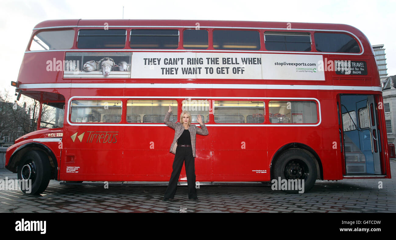 Actress Joanna Lumley, stands next to a Routemaster bus, during the launch by Compassion in World Farming of a new advertising campaign aimed to end long distance animal transportation today, at Trafalgar Square, London. Stock Photo