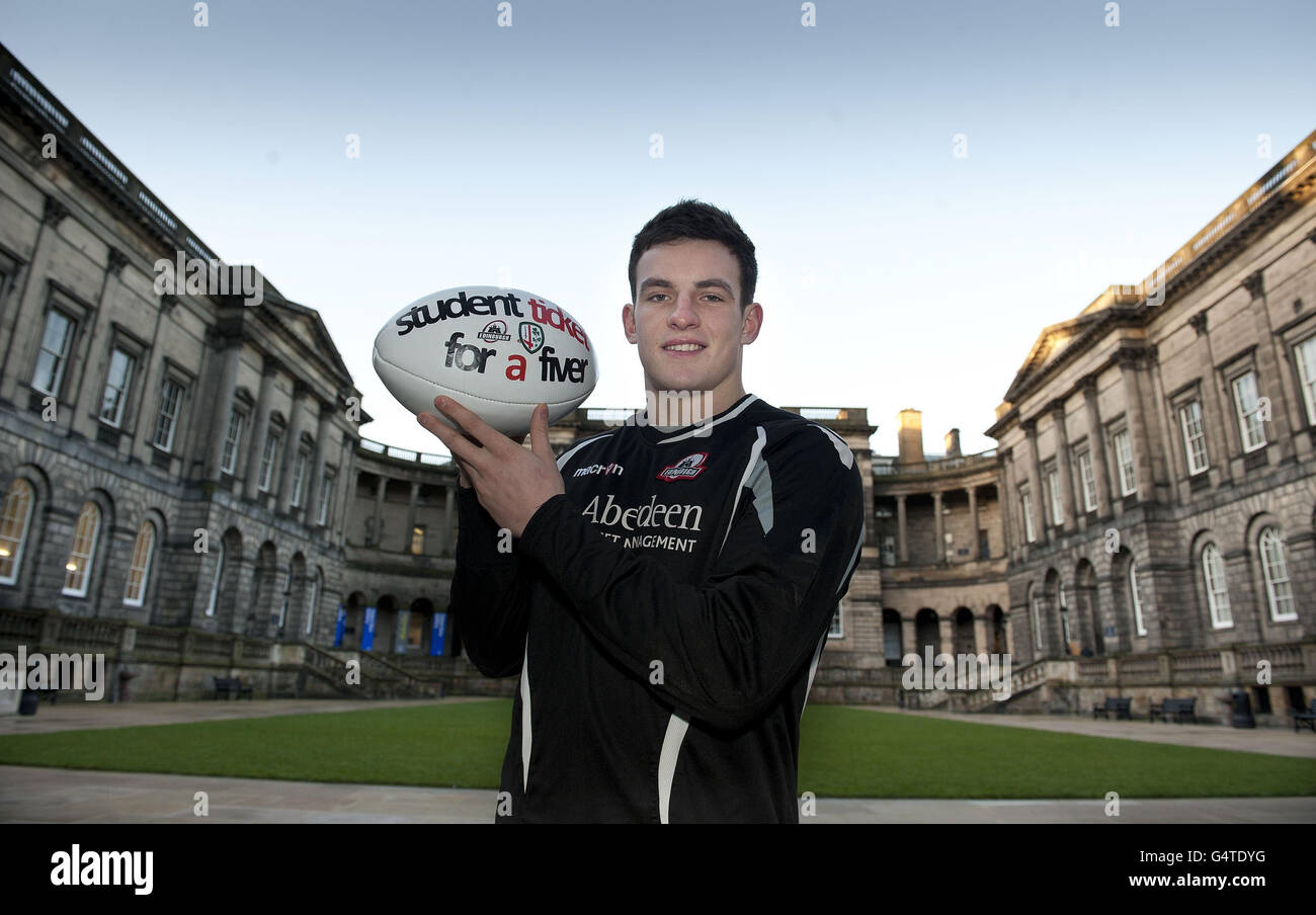 Edinburgh's Matthew Scott celebrates his contract extension with a cut-price offer for students to buy tickets for their match against London Irish this weekend, during a photocall at Edinburgh University, Edinburgh. Stock Photo