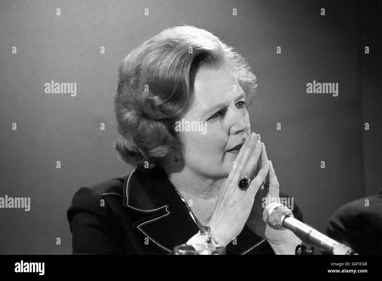 Conservative leader Margaret Thatcher in a thoughtful mood when she hosted her party's press conference in London, as the 1979 General Election campaign entered its final week. Stock Photo