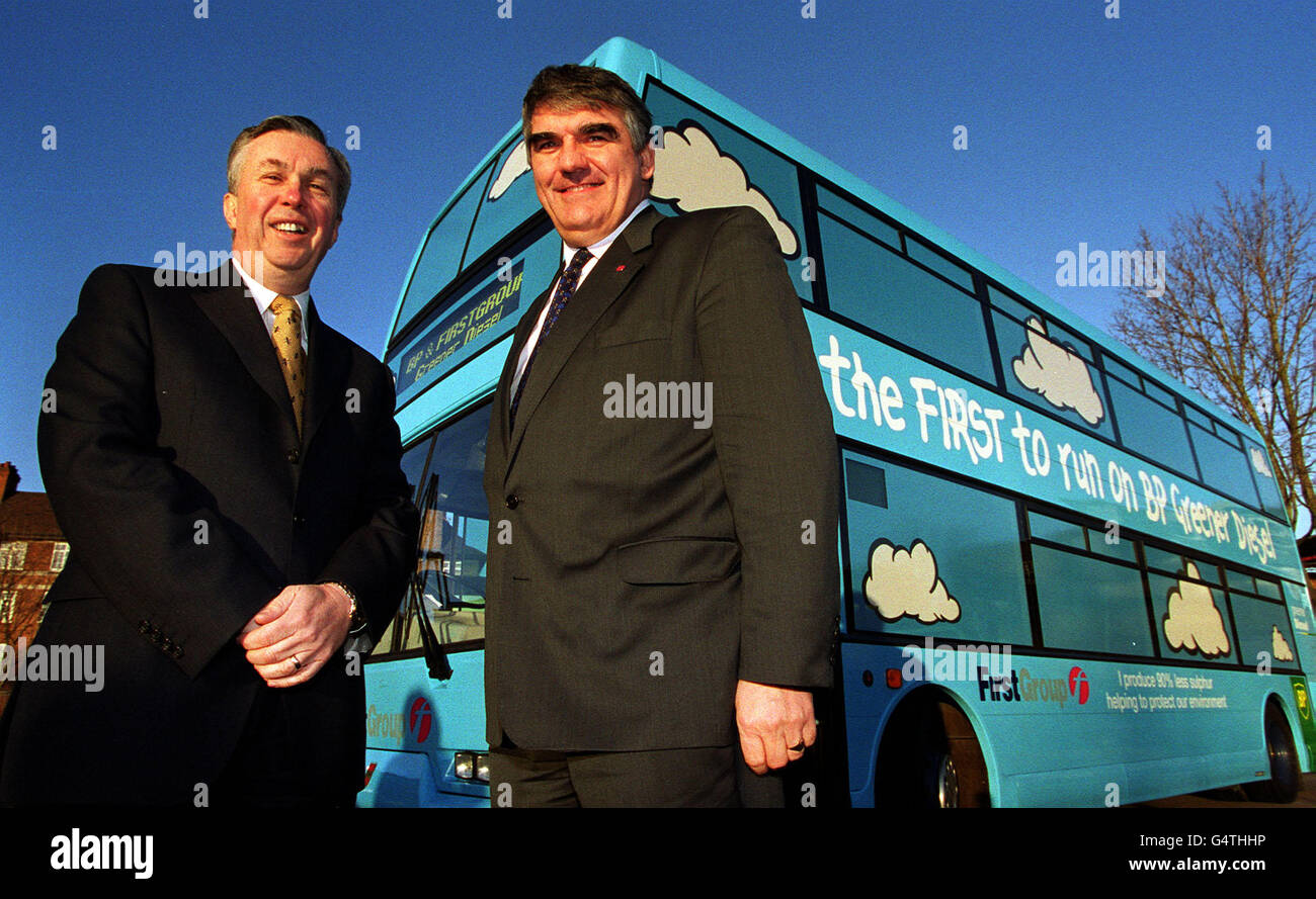 Doug Ford, BP Amoco CEO Refining and Marketing (left) and Moir Lockhead, CEO FirstGroup at Herbert Morrison Primary School in London, where they announced the first, nationwide Schools Environment Charter. * ...during the launch of a 400 million integrated transport deal between FirstGroup and BP Amoco. Stock Photo
