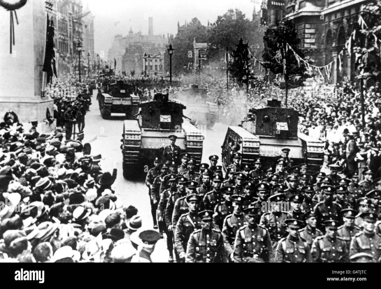 The 1919 Victory Parade passes down Whitehall to mark the end of the First World War. Stock Photo