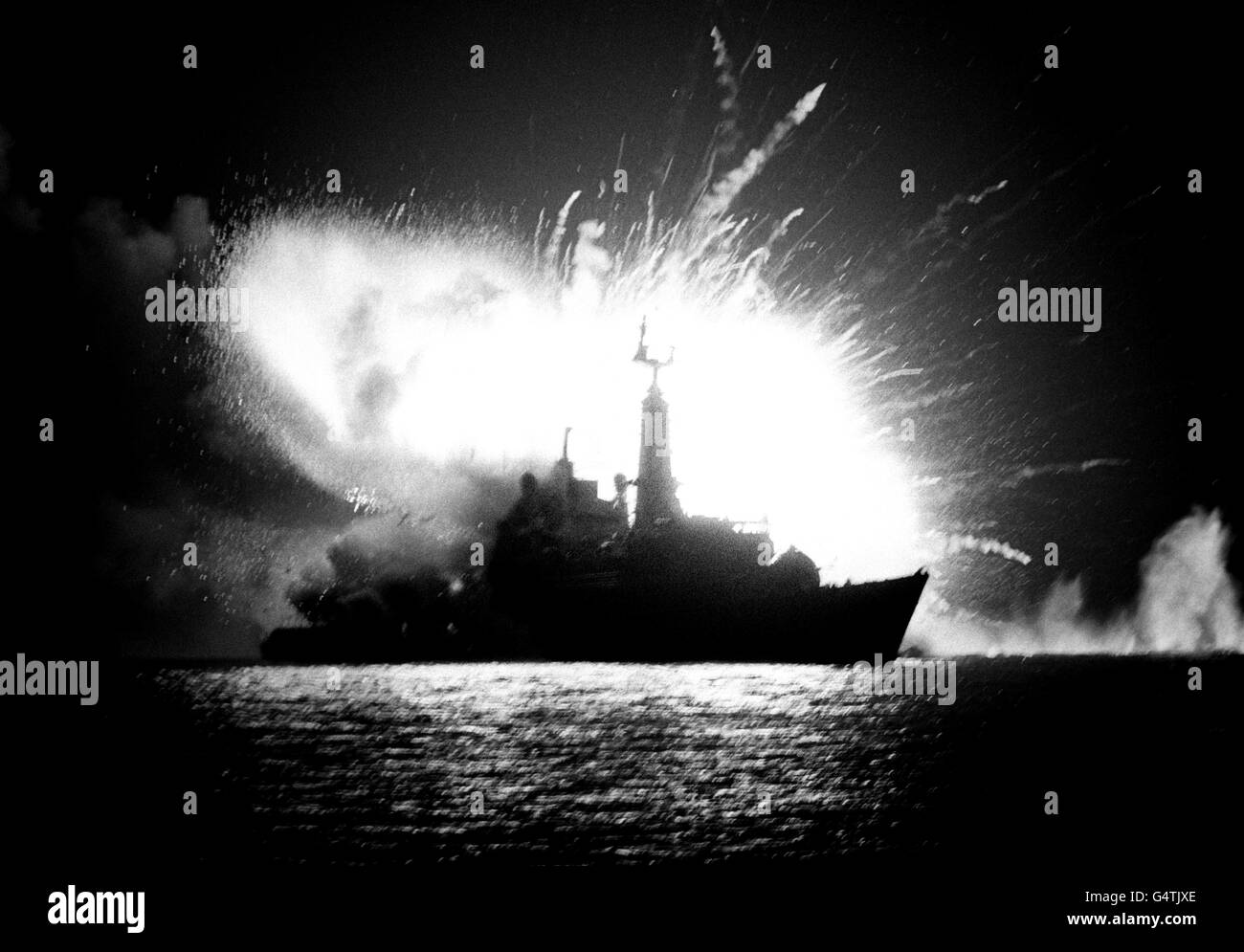 The Falklands War - Royal Navy - HMS Antelope - San Carlos Bay - 1982 Stock Photo