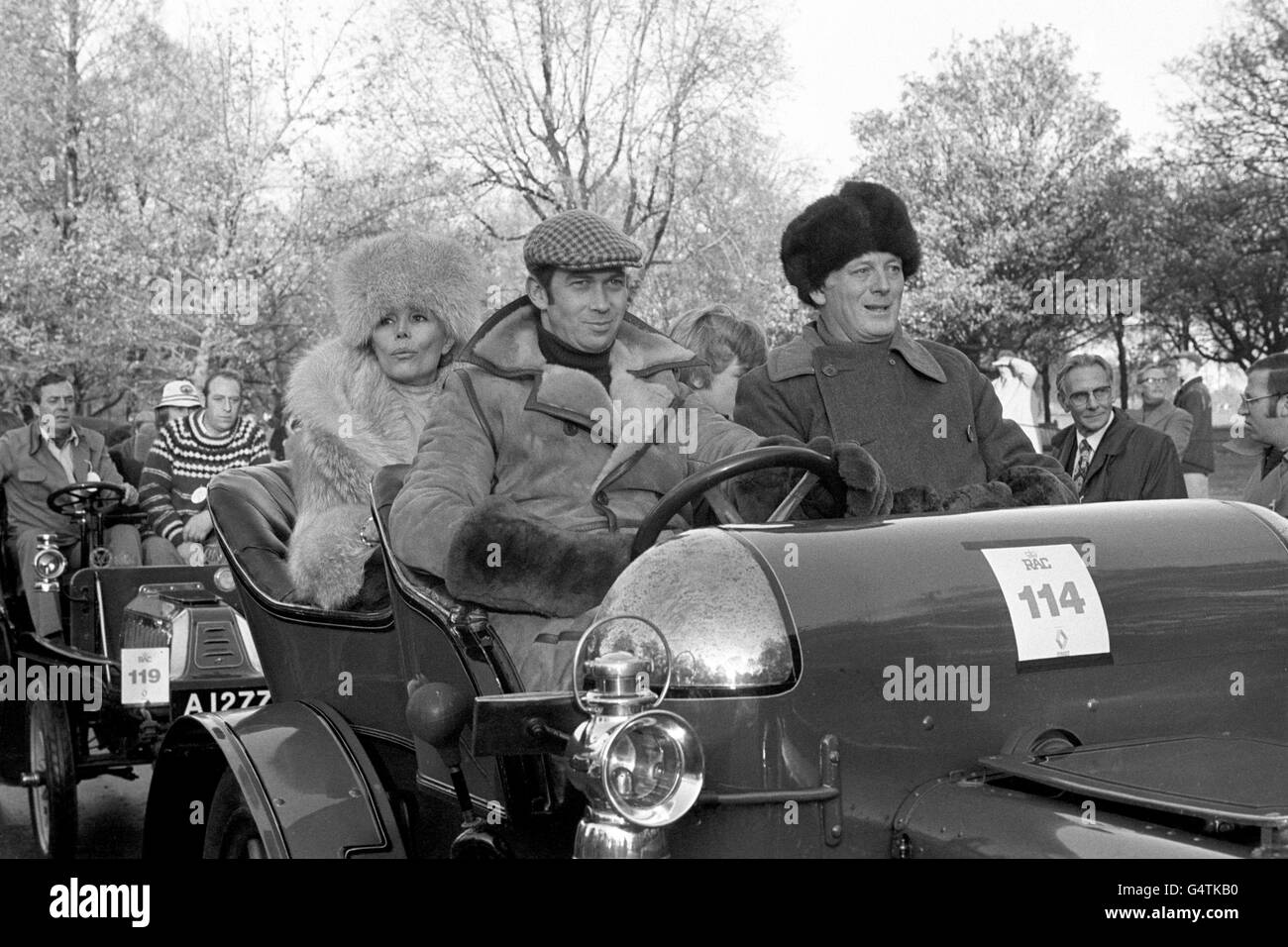 ** Prince Michael of Kent driving a 1903 Daimler with passengers Lord Montagu and American chat show host Dorris Carr, at the start of the 81st London to Brighton veteran car run in Hyde Park, London. This is the first time a member of the royal family has taken part. Stock Photo