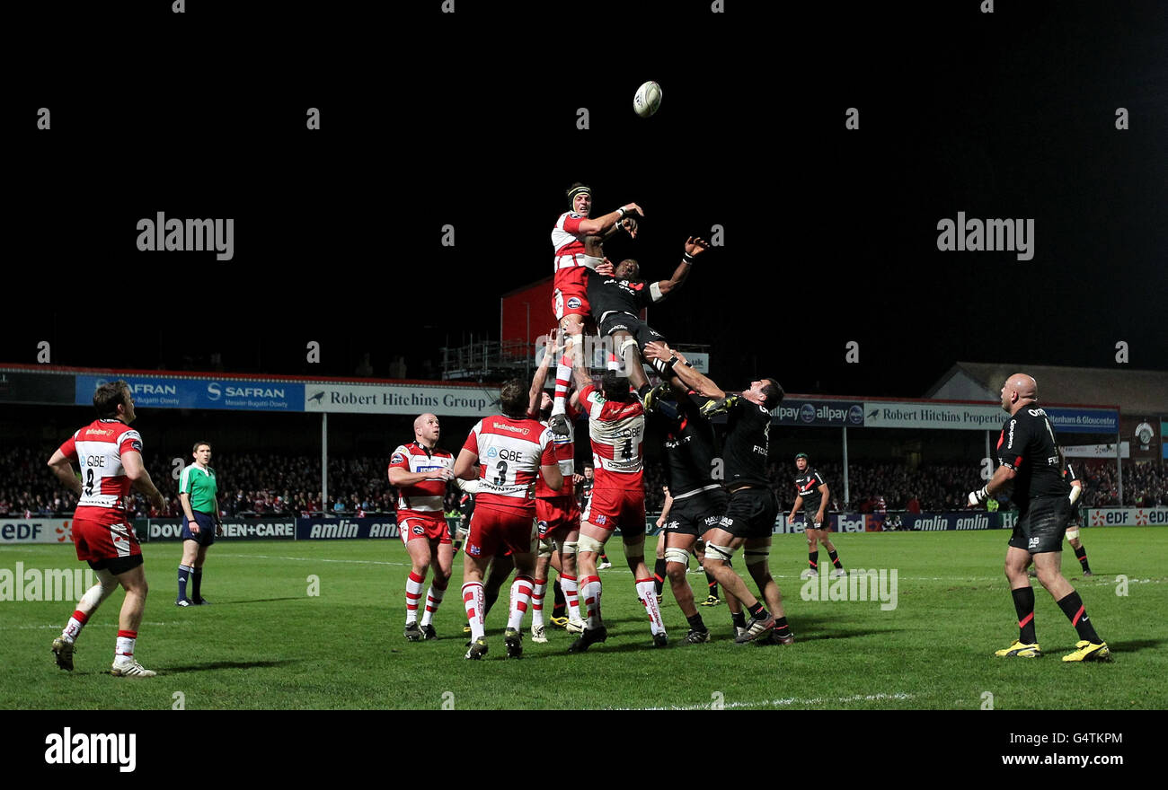 Gloucester's Alex Brown contests a lineout with Toulouse's Yannick Nyanga during the Heineken Cup Pool Six match at Kingsholm, Gloucester. Stock Photo