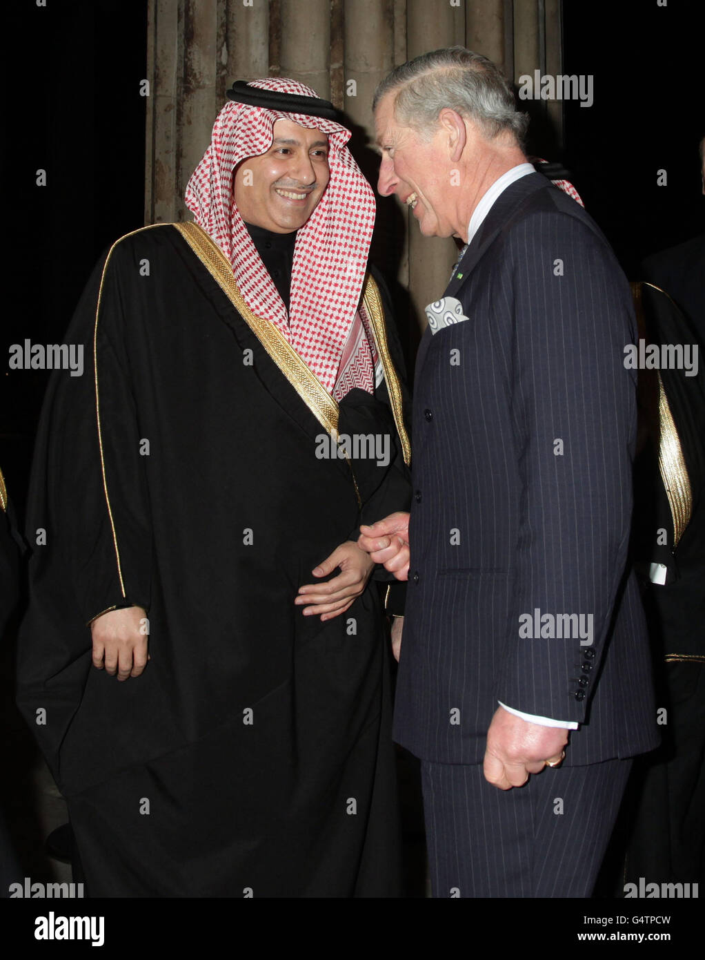 The Prince of Wales greeting HRH Prince Abdulaziz bin Abdullah (left) during a visit to Islamic art exhibition Hajj: Journey To The Heart Of Islam, at the British Museum in central London. Stock Photo