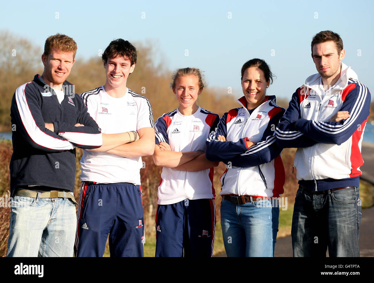 Great Britain's (left to right) Nathaniel Reilly-O'Donnell, Kieran Emery, Kat Copeland, Jess Eddie and Matt Wells during a training day at the Redgrave-Pinsent Lake, Caversham. Stock Photo