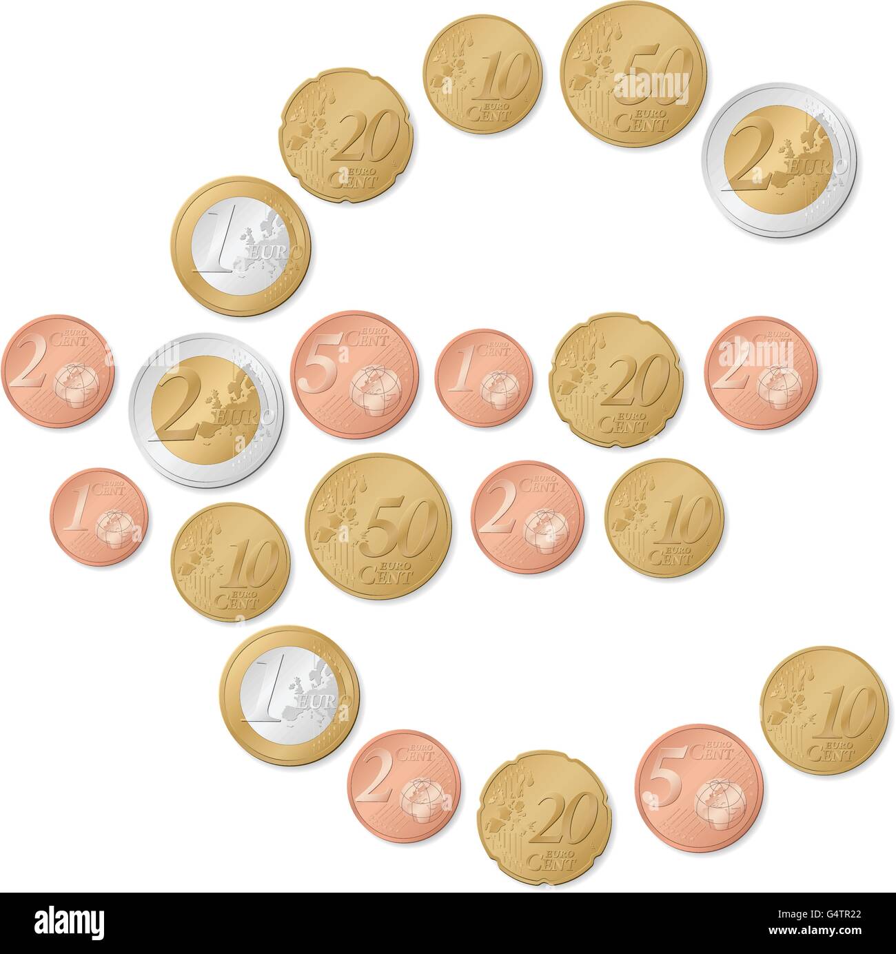Euro symbol formed by euro coins on a white background. Vector illustration. Stock Vector