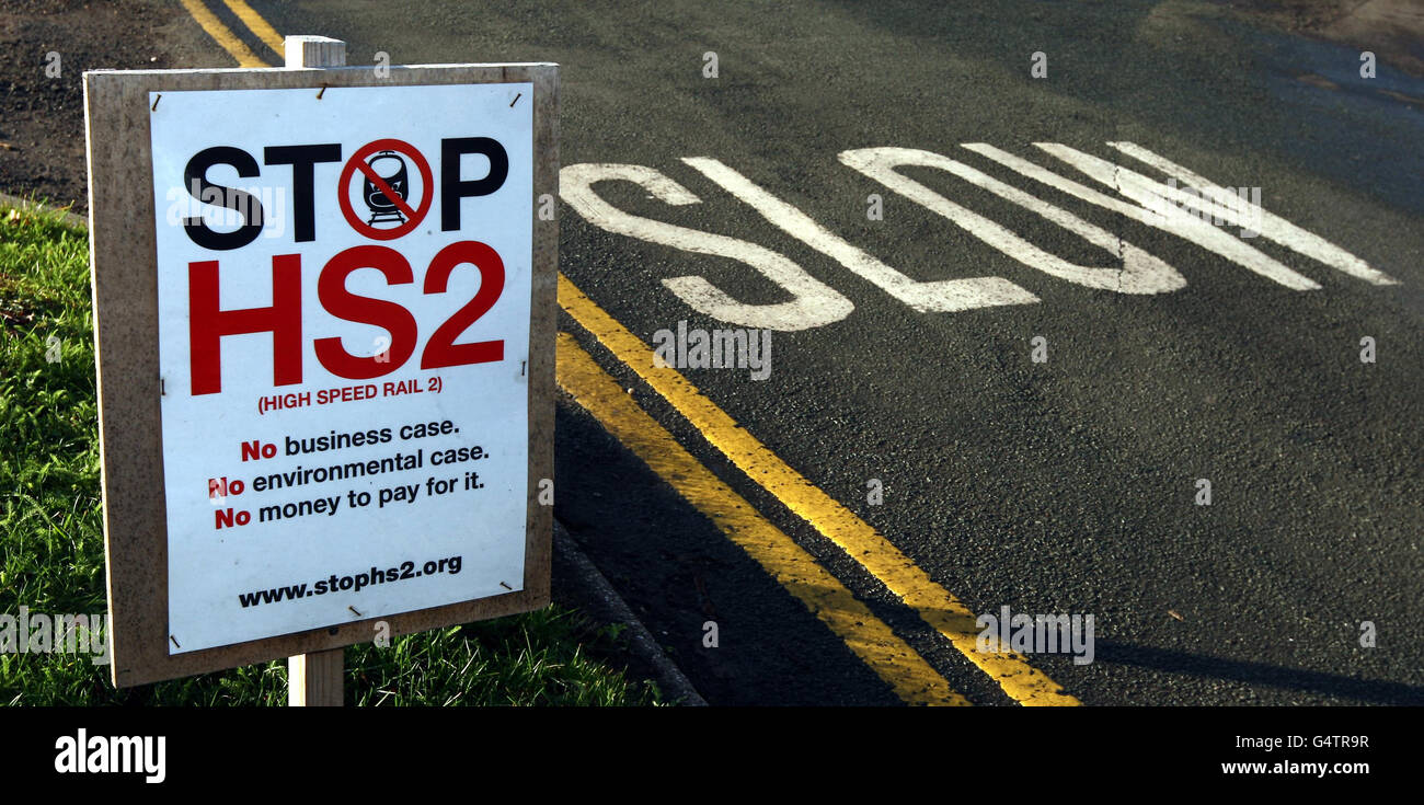 A "Stop HS2" sign at the road side in Drayton Bassett, Staffordshire as the Government signalled the go-ahead for the £32 billion HS2 high-speed London-Birmingham rail project that will drastically reduce journey times between major UK cities. Stock Photo