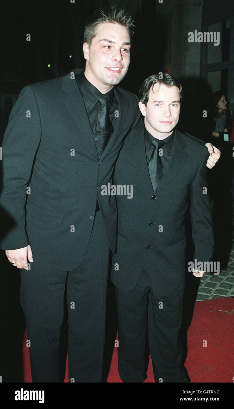 Boyzone member Stephen Gately (R) arrives with his boyfriend Eloy De Jong at The Point, Dublin, for the 1999 MTV Europe Music Awards. Stock Photo