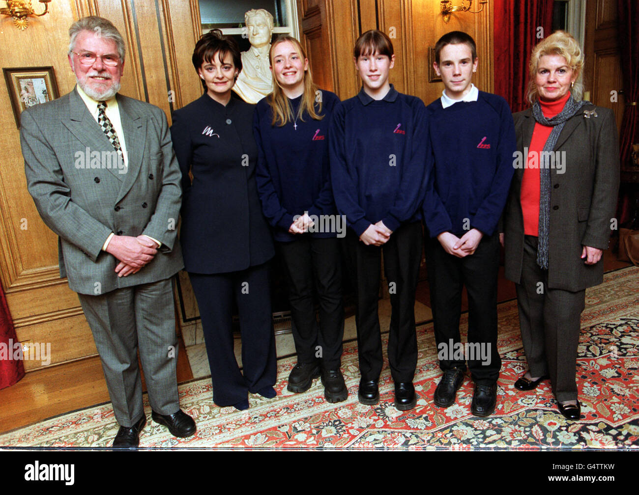 From left to right : Bristol North West MP Dr Doug Naysmith, Cherie Blair, Miss Leah Kilpatrick, Miss Sarah Tyzzer, Mr Tony Trotham and Ms Maggie Smith during a tea party at No 10 Downing Street in London. Stock Photo