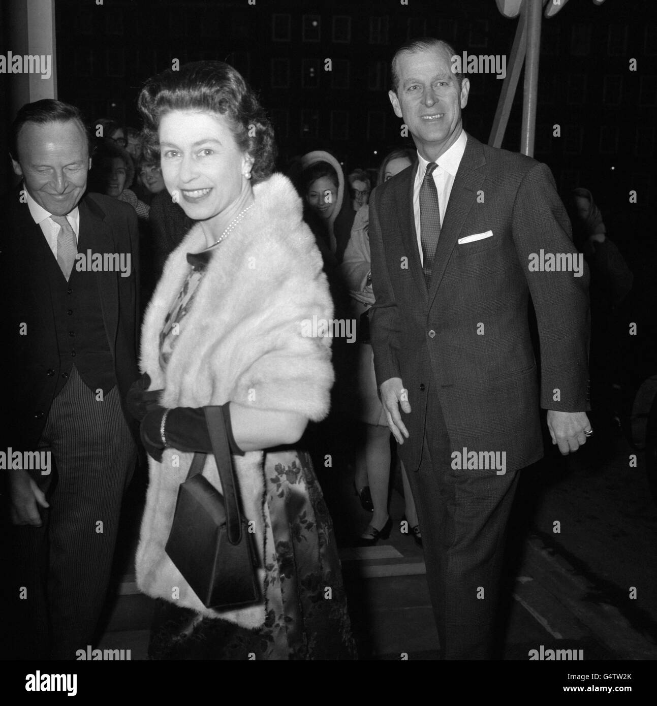 Queen Elizabeth II and the Duke of Edinburgh arrive at the Inner Temple, London, to attend a reception in the Parliament Chamber at which they were to meet 30 young barristers and solicitors. The reception was given by the Bar and Law Society. Stock Photo