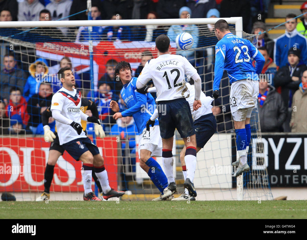 St Johnstone's Marcus Haber scores during the Clydesdale Bank Scottish