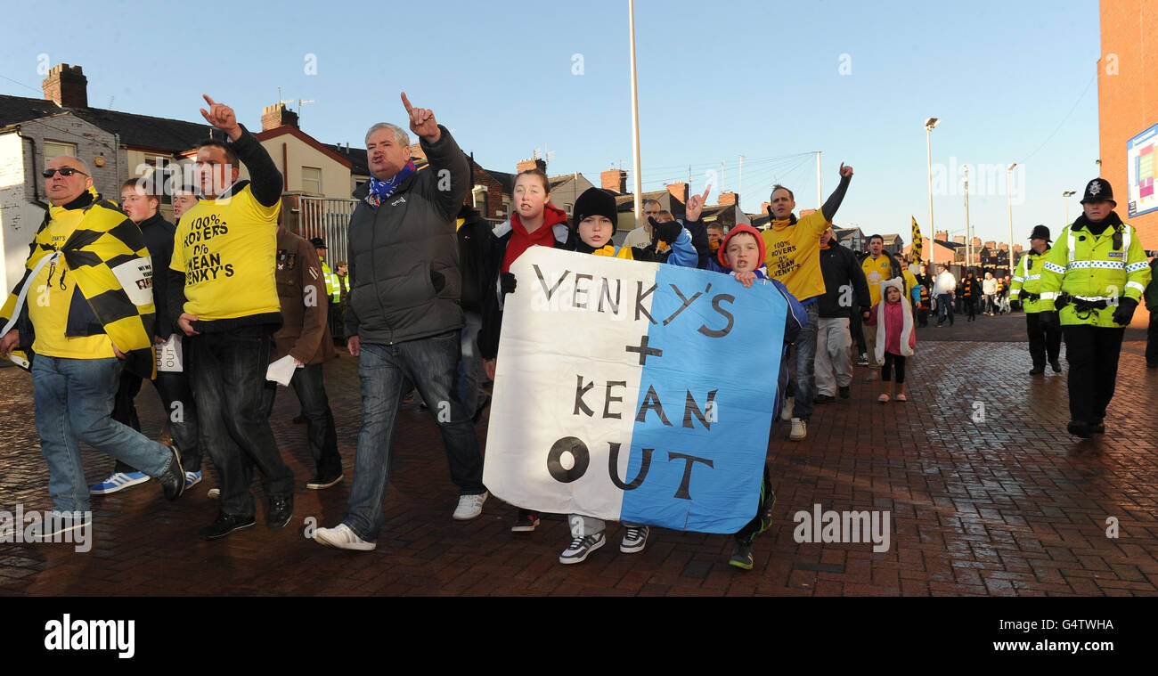 Blackburn Rovers Football Club Action Group march outside Ewood Park before the game against Fulham. Stock Photo