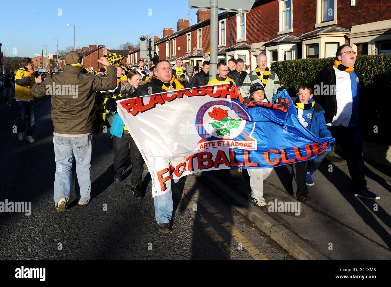 Blackburn Rovers Football Club Action Group march outside Ewood Park before the game against Fulham Stock Photo