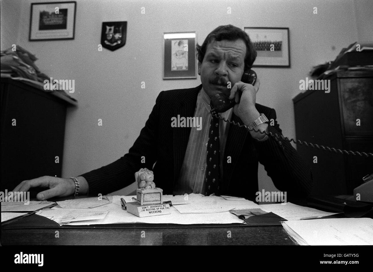 The other life of Bill Beaumont, the England Rugby skipper who has announced his retirement from the game. Bill is pictured at his directors desk at the Chorley textile mill in Lancashire, in which he is a partner. Stock Photo