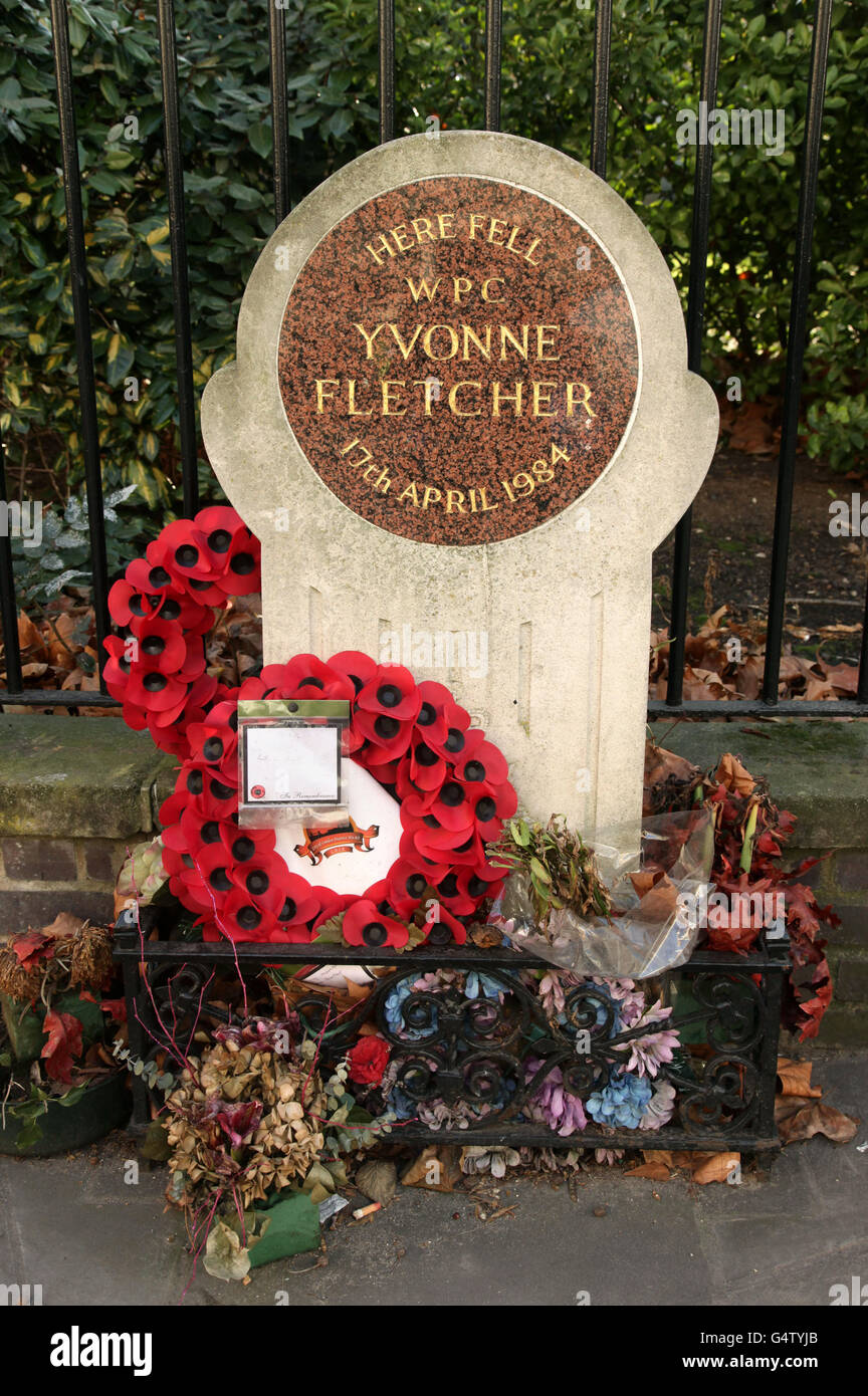 Tributes placed at a memorial to WPC Yvonne Fletcher (15 June 1958 - 17 April 1984) - a British police officer fatally shot during a protest outside the Libyan embassy at St James's Square, London, in 1984 - in St James Square, central London. Stock Photo