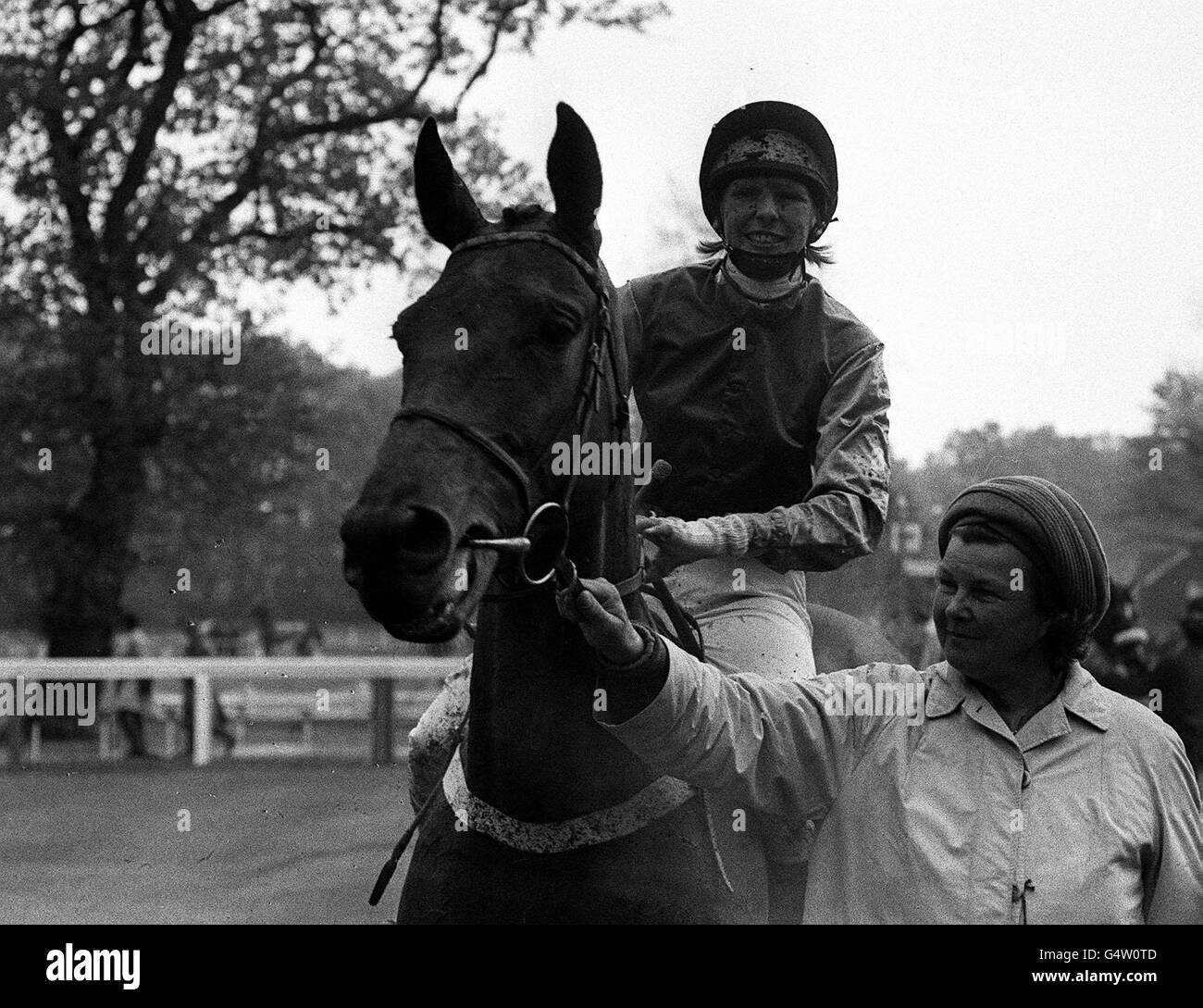 The owner Mrs M N Tufnell leading in her Scorched Earth with her daughter Meriel Tufnell (23) in the saddle after winning the Goya Stakes. The first ever Ladies race under Jockey Club rules. Stock Photo