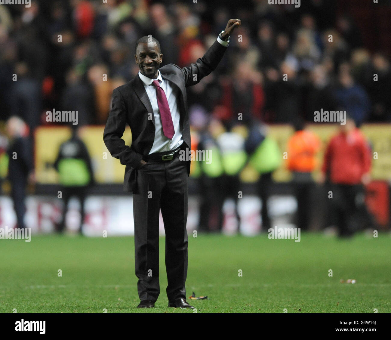 Charlton Athletic's manager Chris Powell salutes the home fans at the end of the npower Football League One match at The Valley, London. Stock Photo