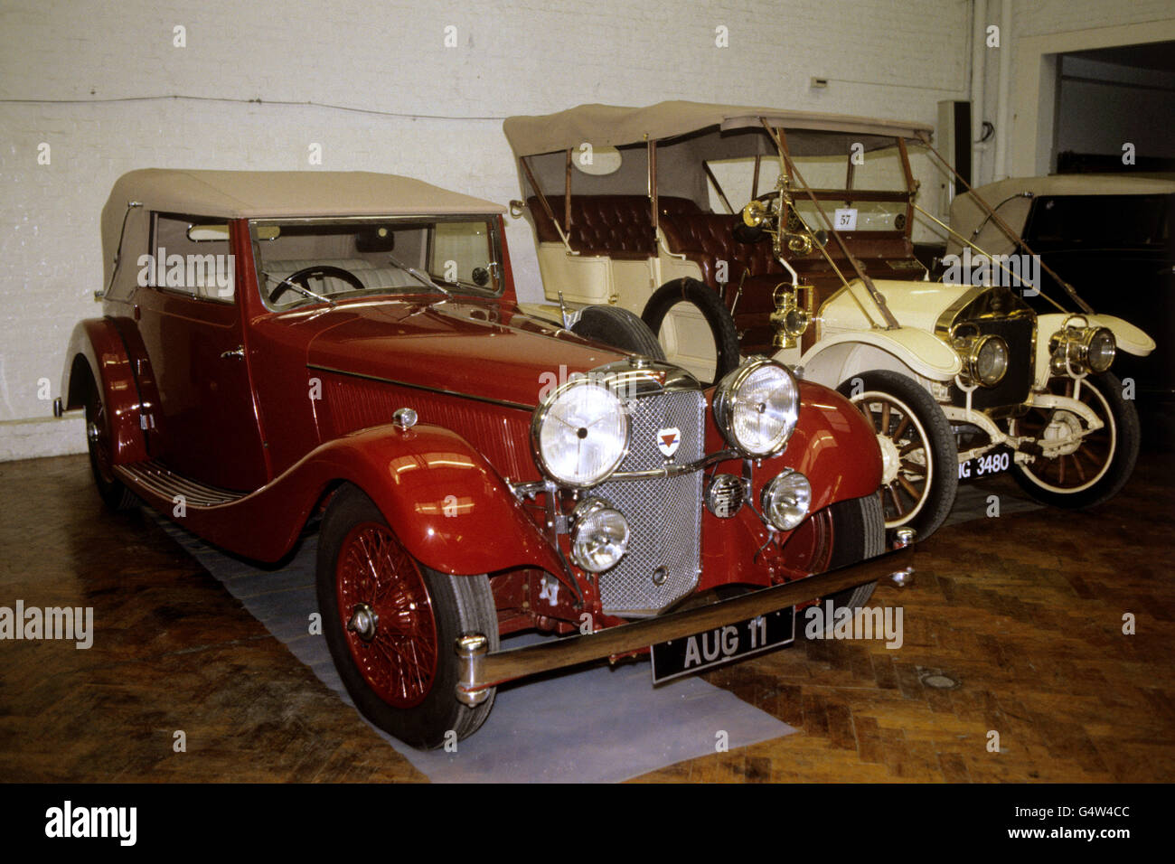 A 1934 Alvis Speed Twenty 2.5 Litre Drophead Coupe awaits sale at Sotheby's Vintage Car Auction Stock Photo
