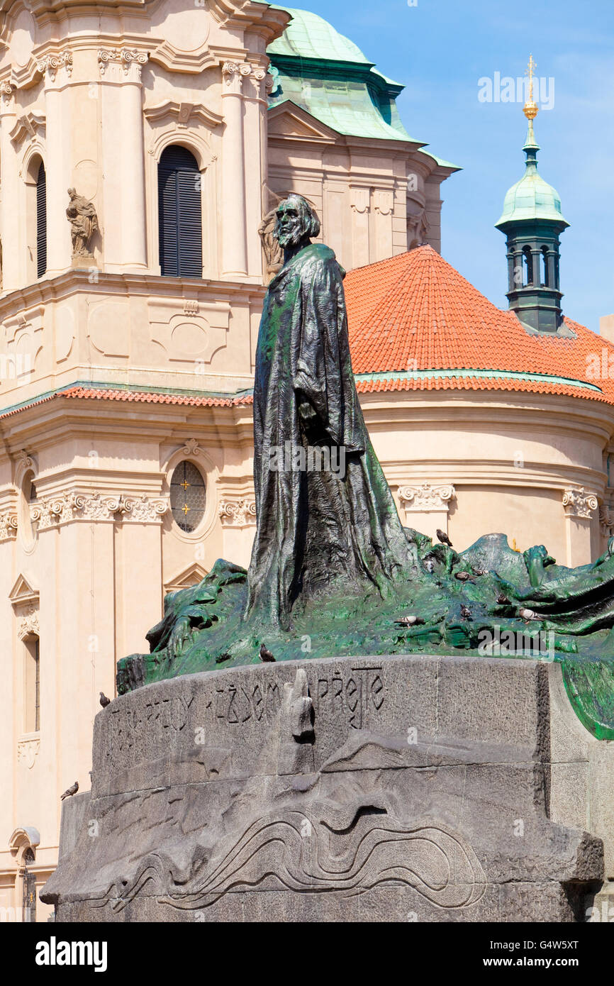 Prague, Old Town Square - Jan Hus Memorial and St. Nicolas Church Stock Photo